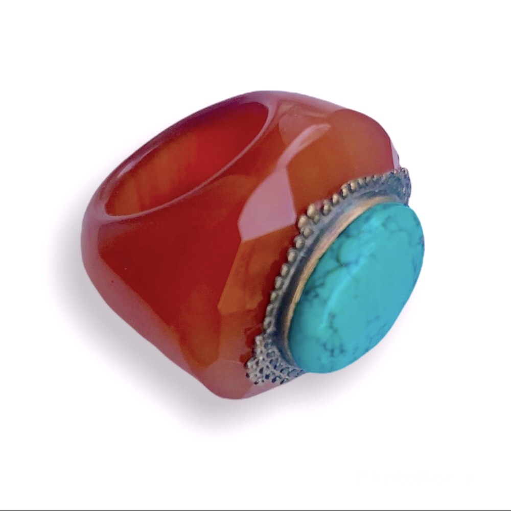Natural Faceted Carnelian With Turquoise Ring 266$